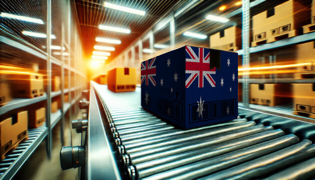 A package with the Australia flag design moves along a conveyor belt in a brightly lit warehouse, symbolizing logistics, shipping, and e-commerce operations
