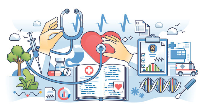Medical terminology and patient disease history writing outline hands concept. Doctor communication language using specific medicine terms and words vector illustration. Healthcare records meaning.