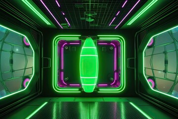 Futuristic Neon Green Luminous Lamp Design with Mesh Framework and Surreal Digital Background