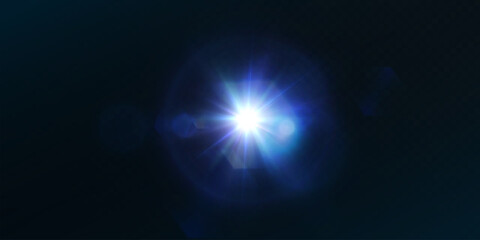 Light effect of blue glowing light. Solar flare. Glow effect. Starbursts with twinkling highlights. Beautiful light effect of flickering highlights. Vector 10 EPS	
