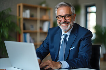 Business professional working on laptop in office lobby