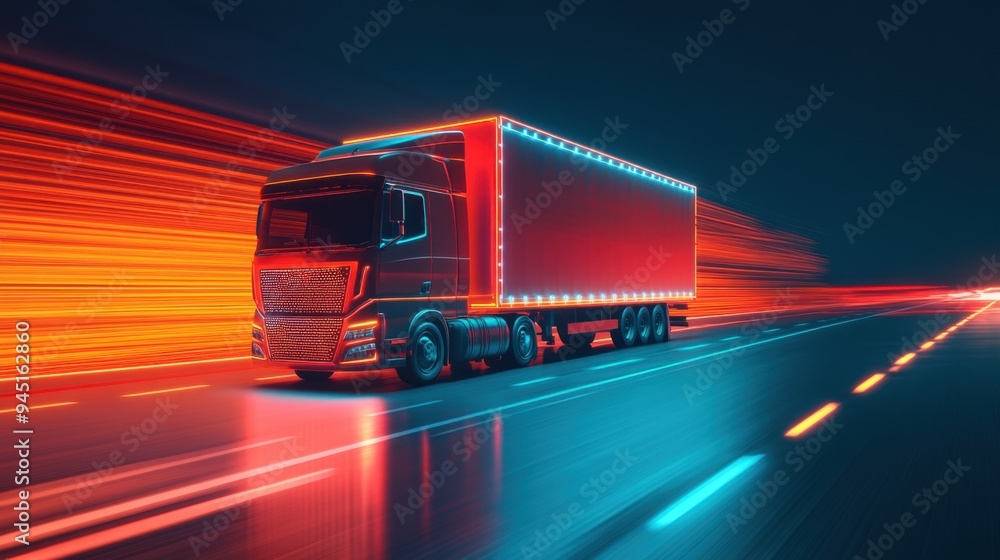 Poster futuristic fleet of autonomous shipping trucks with real-time route optimization in 3d rendering