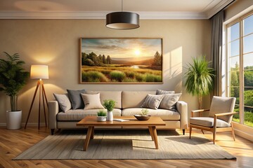 Photo image of a cozy living room with a large horizontal picture frame hanging on a beige wall, surrounded by furniture and natural light.