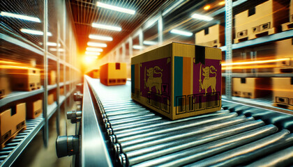 A package with the Sri Lanka flag design moves along a conveyor belt in a brightly lit warehouse, symbolizing logistics, shipping, and e-commerce operations