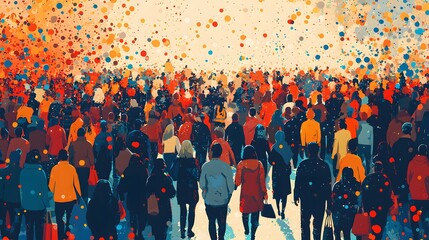 In a bustling shopping scene, a diverse crowd walks toward the camera. Bright colors and exuberance fill the air, reflecting excitement and anticipation in this lively holiday atmosphere.