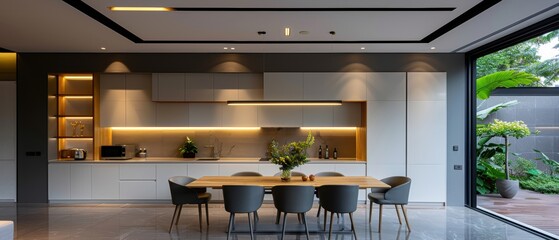 Serene Minimalist Dining Room with Wooden Table and Single Light Fixture