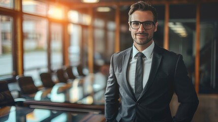 Naklejka premium A confident businessman in a suit stands in a modern office setting.