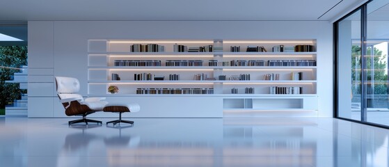 Modern Minimalist Library Design with White Shelves and Single Table for Study or Work Environment