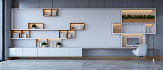 Modern Minimalist Library with White Shelves and Single Table for Studying and Reading