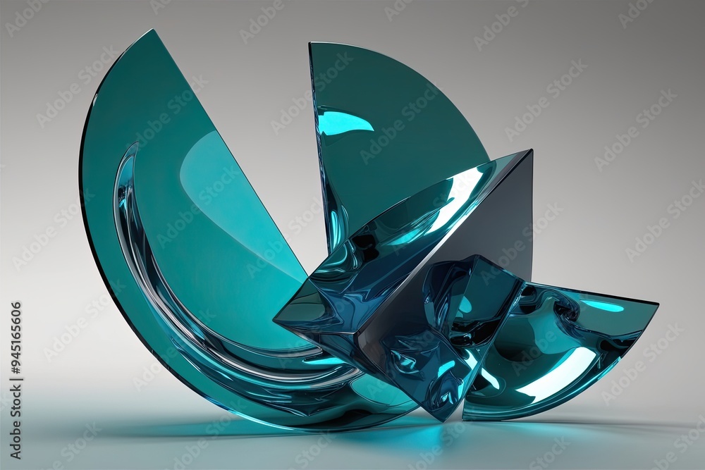 Poster 3d visualization of dynamic nonlinear shapes with glossy distorted glass elements