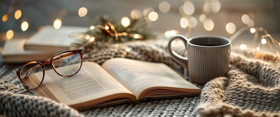 A cozy winter scene with an open book, glasses on the table, and a coffee cup.