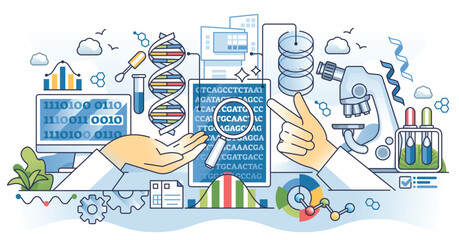 Bioinformatics for genetics and genomic analytics outline hands concept. Digital technology usage for DNA research and microbiology vector illustration. Biotechnological molecular data sequencing.