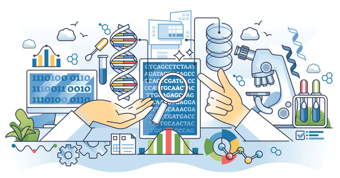 Bioinformatics for genetics and genomic analytics outline hands concept. Digital technology usage for DNA research and microbiology vector illustration. Biotechnological molecular data sequencing.
