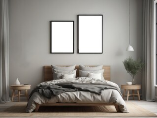 Minimalist Bedroom with Wooden Bed and Two Blank Frames