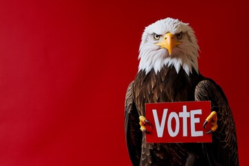 Bald eagle holding a red "VOTE" sign on a red background.