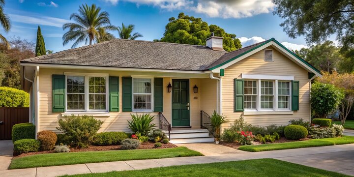 Photo image of a cozy modest single-story ranch house with off-white stucco walls, green shutters, and a small wraparound porch on a quiet residential street.
