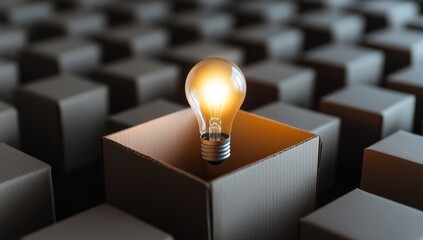 A light bulb glowing in the center of an open cardboard box