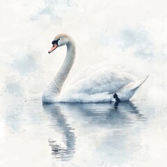 Fototapeta premium A high-quality photo of a graceful swan gliding across a still pond, depicted in watercolor clipart style. The swan's elegant posture and smooth feathers are illustrated with soft pastels, creating a