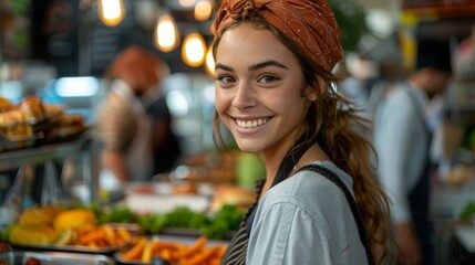 A cheerful cashier ringing up groceries at a busy supermarket, smiling at the customers while scanning items