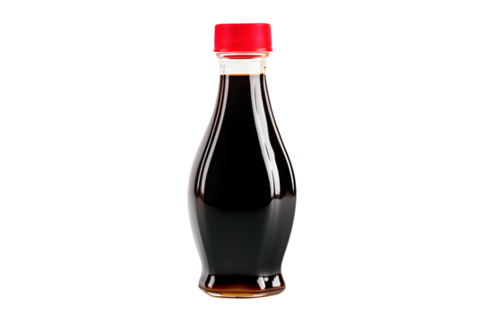 Bottle of soy sauce with a red cap isolated on a white transparent background. Condiment concept