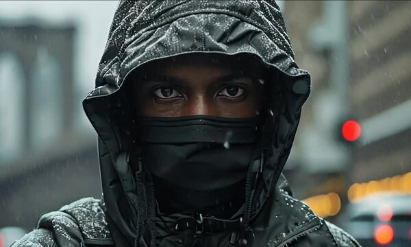 A lone figure stands in the rain on a busy street of New York City, cloaked in dark layers, their eyes piercing through the shadows, creating an aura of intrigue and mystery