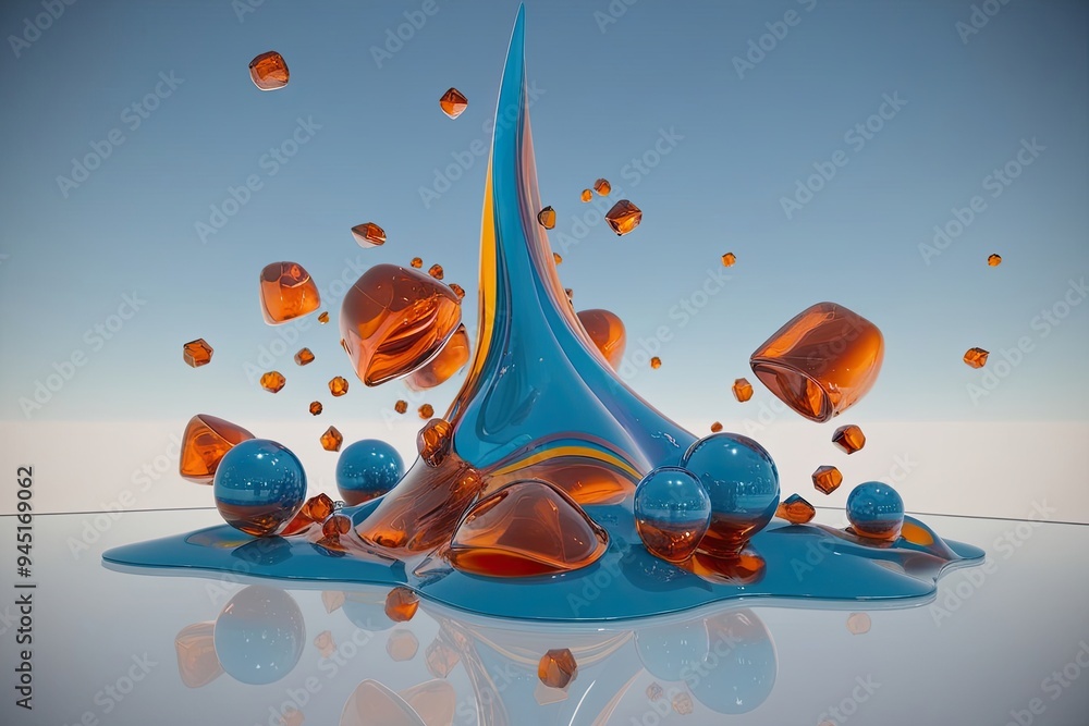 Poster 3d visualization of fluid structural components with dispersed prismatic shapes on clear surfaces