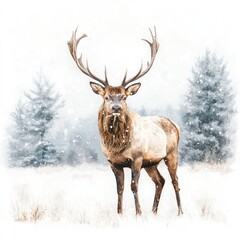 A realistic high-resolution photo of a majestic stag standing in a snowy landscape, rendered in watercolor clipart style. The stag's impressive antlers and thick fur are depicted with soft