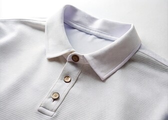 Close-up of a classic, crisp white polo shirt with a three-button placket, embroidered logo, and relaxed fit, on a clean white background, isolated.