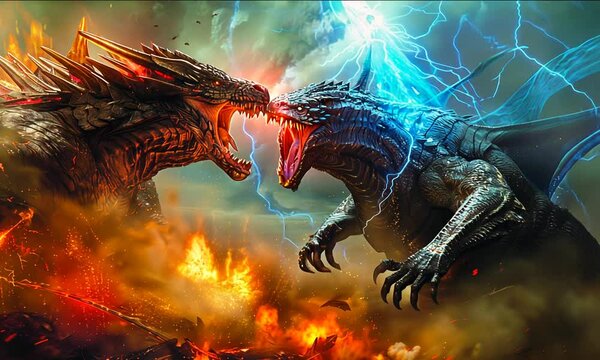 Two colossal creatures roar fiercely at each other amidst a fiery landscape, lightning illuminating the dark clouds as they prepare for battle. Power and drama collide in this intense moment