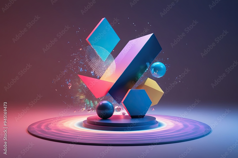 Poster 3d rendering of abstract geometric shapes featuring dispersion and spectrum visual effects