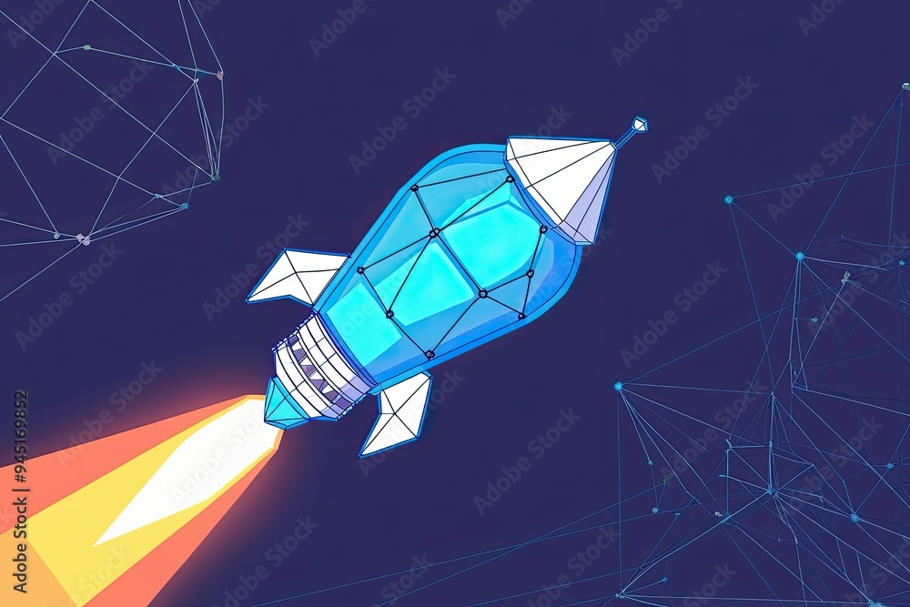 Aufkleber blue led light bulb rocket launch with wireframe connection in low poly design and abstract geometri