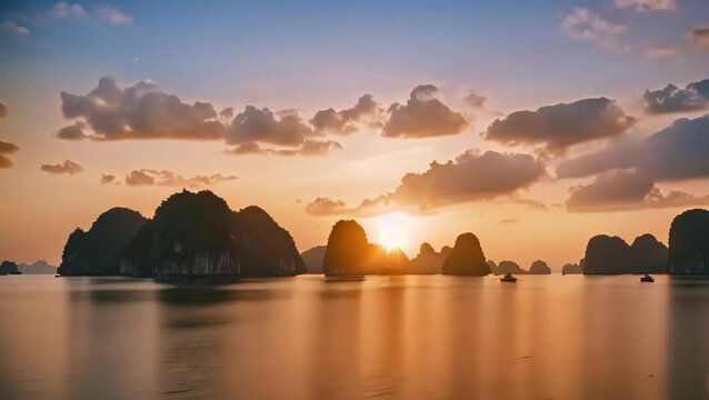 Sunrise Over Limestone Karsts in Halong Bay