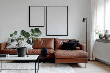 Two blank vertical din A posters with black frames in light room interior design. Frame mockups on a white wall, scandinavian style living room, brown leather sofa, coffee table, lamp, potted plants