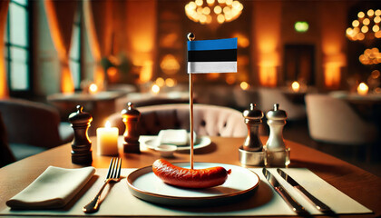 A single sausage on a plate with a small Estonia flag in a cozy, dimly lit restaurant setting, symbolizing cuisine and culture in a refined dining atmosphere