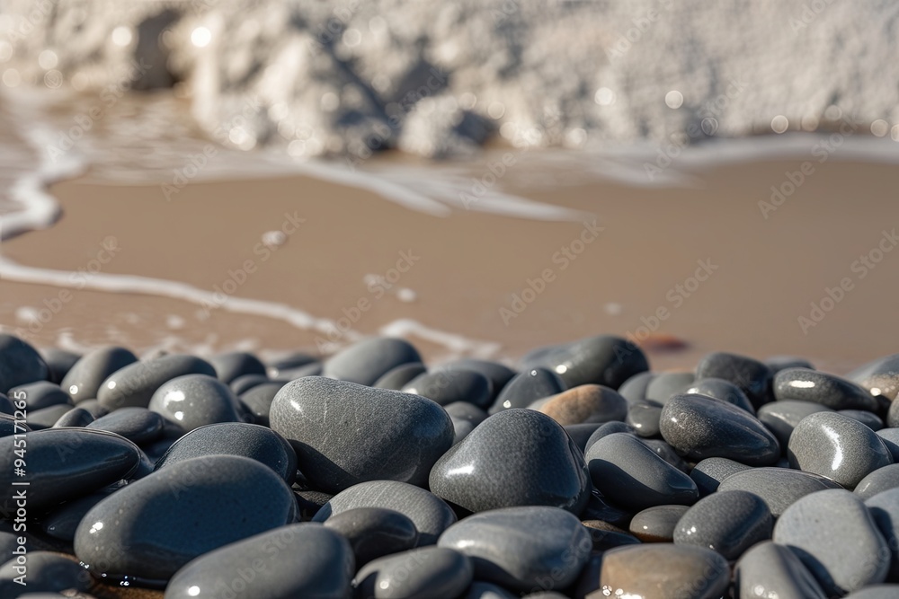 Wall mural Gray Pebbles on the Shore with Natural Textured Background