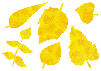 Naklejka premium A set of autumn leaves of different shapes. Drawing with colored pencils. Strokes texture. Different shades of yellow. White background. Leaves from different types of trees.