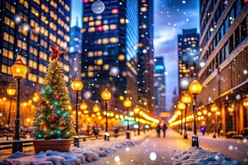 snowy night cityscape pixelated lights festive holiday decorations modern minimalistic moody warm vibrant bokeh ornaments sparkles