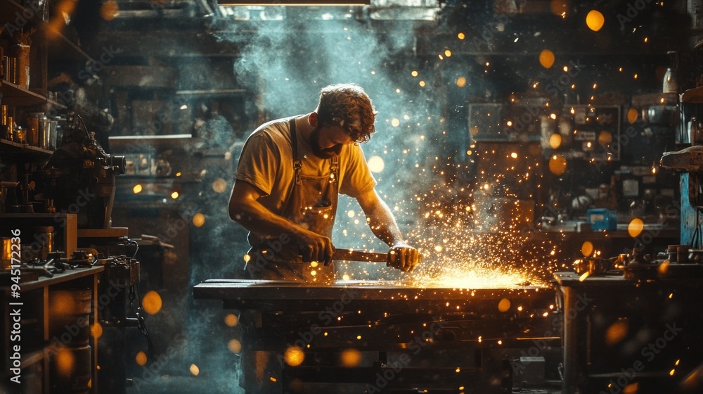 Poster a man is working in a workshop with sparks flying around him