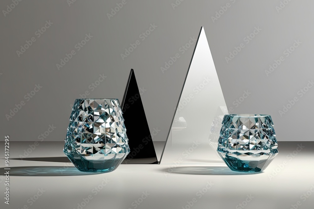 Poster modern 3d art of angular shapes and shiny glass objects on minimalist background