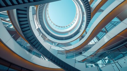 Spiral staircase inside a modern cylindrical building with glass floors