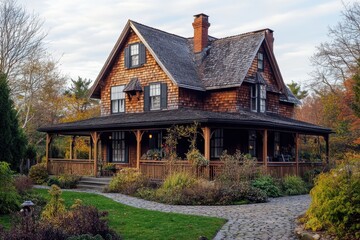 Fototapeta premium A charming wooden house with a porch surrounded by lush greenery and a stone pathway.