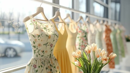 Obraz premium A beautiful arrangement of floral summer dresses displayed on hangers in a bright storefront, complemented by fresh tulip decor in the foreground.