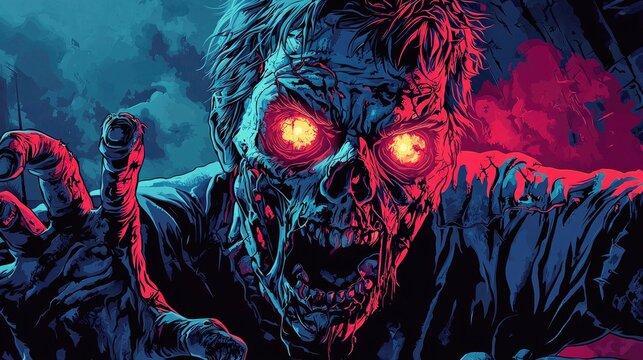Close-up Portrait of a Roaring Zombie with Glowing Eyes