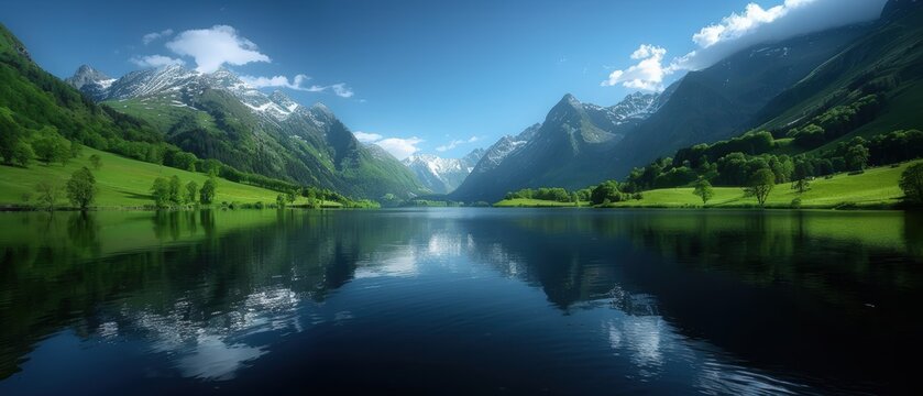 Tranquil Mountain Lake - Minimalist Photography showcasing serene waters reflecting towering peaks in a peaceful natural setting.