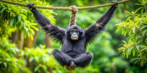 A close-up photo of a siamang suspended upside down from a branch, its long limbs grasping firmly as it surveys its lush surroundings.