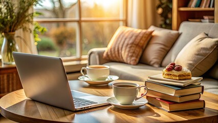 Fototapeta premium Cozy afternoon tea setup with laptop and books, soft natural light, shallow focus, warm earth tones, and peaceful atmosphere emphasizing work-life balance.