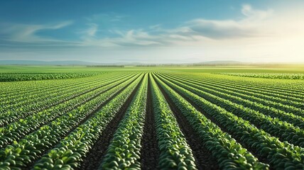 Organic farm, lush green fields with crops, 3D illustration