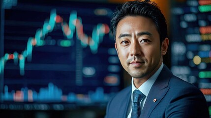 Confident Businessman Looking at Camera with Stock Chart in Background
