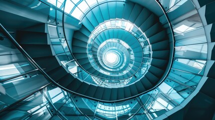 Spiral staircase inside a modern cylindrical building with glass floors