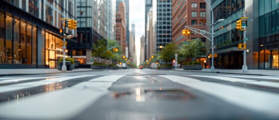 Obraz premium Serene Urban Landscape: Stunning Minimalist Shot of a Contemporary City Street with Skyscrapers and Blue Sky
